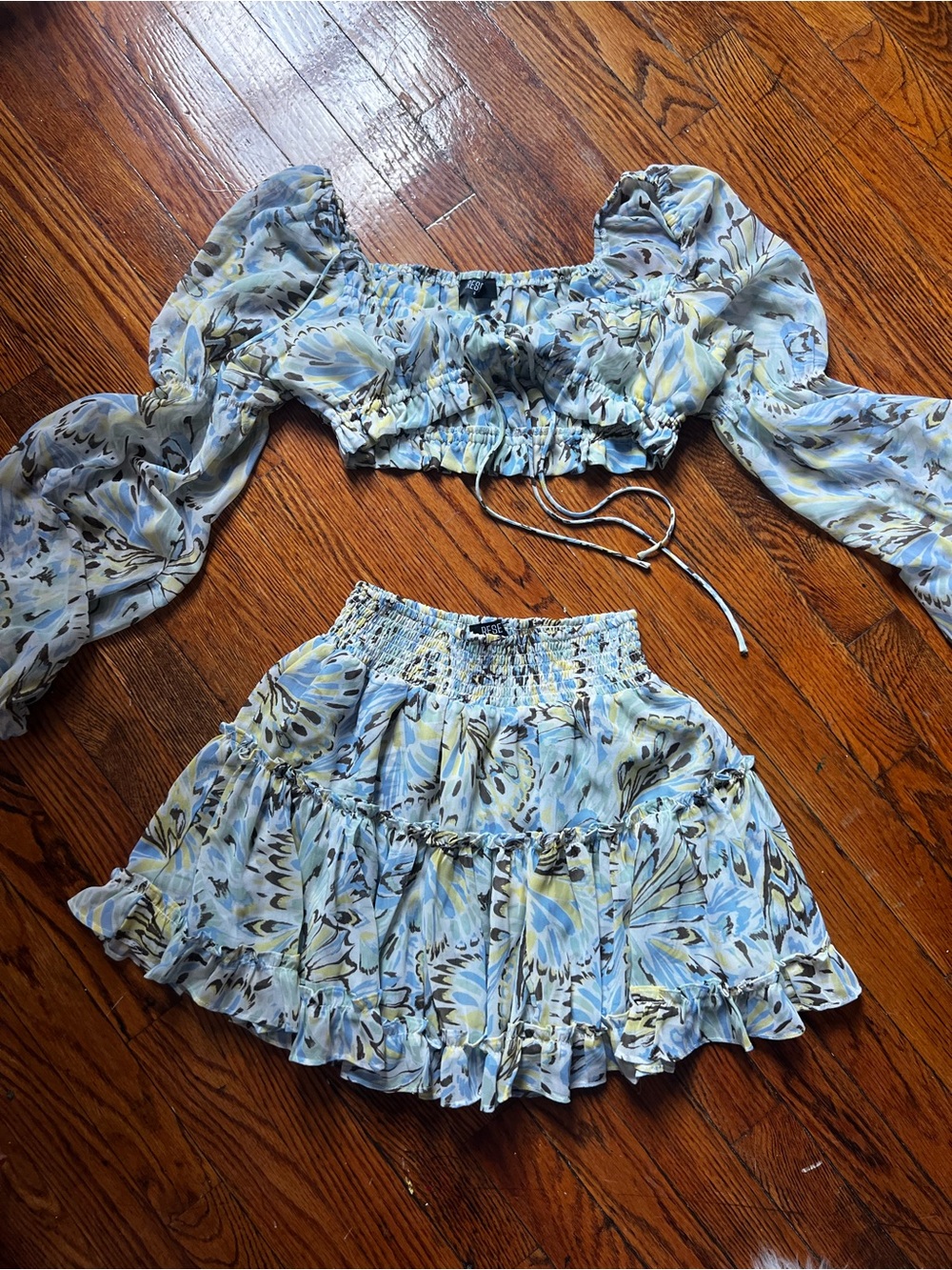 Floral Smocked Mini Skirt set in Light Blue and green